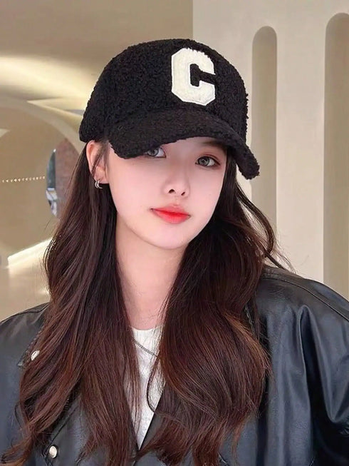 SHEIN Unisex Solid Color Letter C Embroidered Fleece Warm Baseball Cap