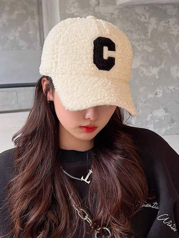 SHEIN Unisex Solid Color Letter C Embroidered Fleece Warm Baseball Cap