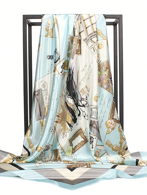 SHEIN 1pc Women Bandana Light Blue Printed 90cm Square Scarf, Casual Headwrap