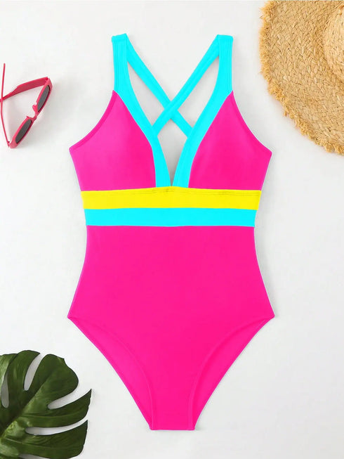 SHEIN Two-Tone Fringe Cutout Knotted One-Piece Swimsuit