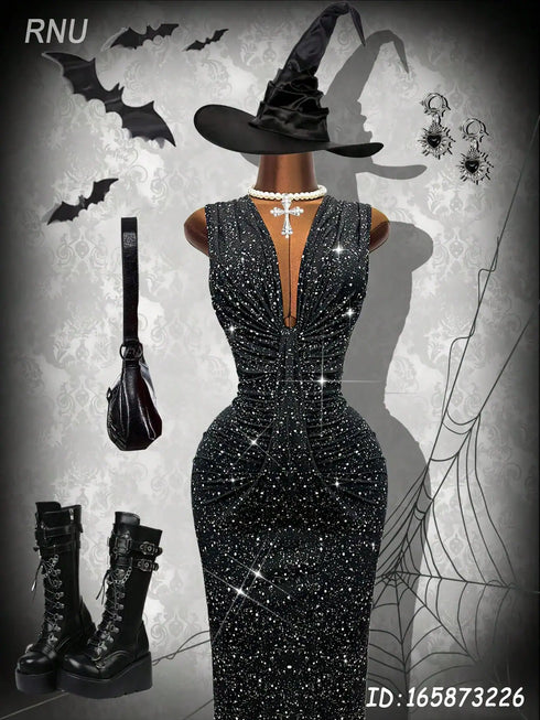 SHEIN RNU Women's Sexy Black Shiny Fabric Dress