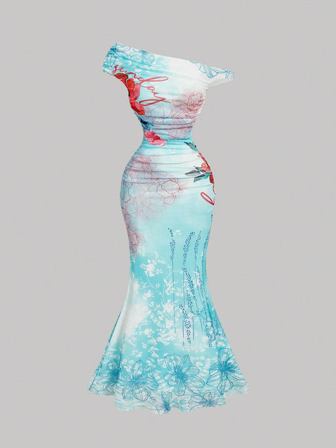 SHEIN SHEIN MOD Dreamy Romantic Ocean Print Off-Shoulder Waist-Cinching Maxi Dress