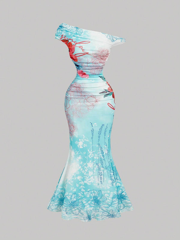 SHEIN SHEIN MOD Dreamy Romantic Ocean Print Off-Shoulder Waist-Cinching Maxi Dress