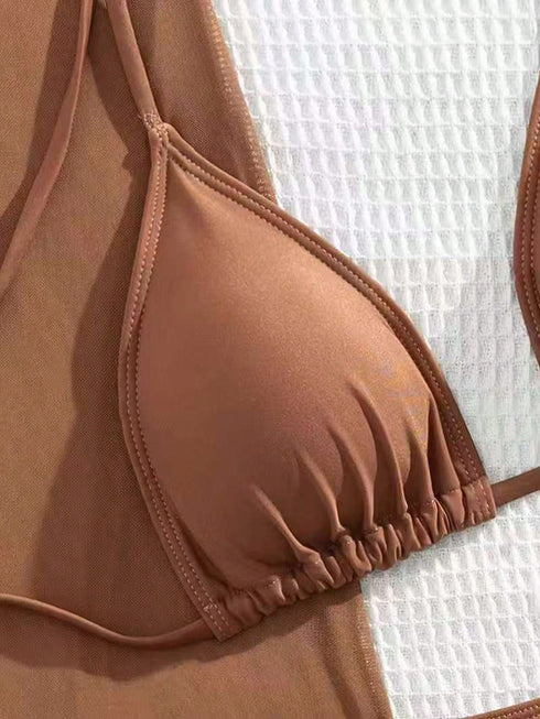 SHEIN 2026 New 3pcs Brown Swimwear Set For Women, Spaghetti Strap Bikini With Mesh Cover-Up, Elegant Holiday Essential Vacation Beach Summer