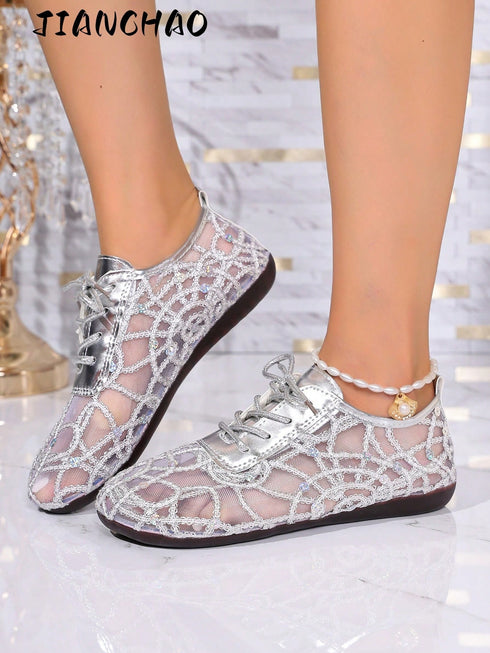 SHEIN 2026 Summer New Women's Silver Lace Mesh Flat Shoes, Random Sequin Embroidery Lace-Up Hollow Soft Bottom Casual Shoes
