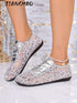 SHEIN 2026 Summer New Women's Silver Lace Mesh Flat Shoes, Random Sequin Embroidery Lace-Up Hollow Soft Bottom Casual Shoes