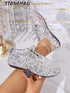 SHEIN 2026 Summer New Women's Silver Lace Mesh Flat Shoes, Random Sequin Embroidery Lace-Up Hollow Soft Bottom Casual Shoes