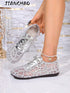 SHEIN 2026 Summer New Women's Silver Lace Mesh Flat Shoes, Random Sequin Embroidery Lace-Up Hollow Soft Bottom Casual Shoes