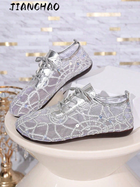 SHEIN 2026 Summer New Women's Silver Lace Mesh Flat Shoes, Random Sequin Embroidery Lace-Up Hollow Soft Bottom Casual Shoes