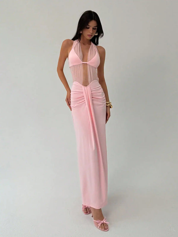 SHEIN Aloruh Women's Sexy And Elegant Waist Mesh Maxi Dress