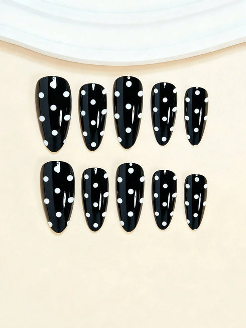 SHEIN 24pcs Almond Shaped Black & White Polka Dot Pattern Nail Stickers, Elegant Daily Fashion, Black Base With White Dots, Full Coverage Fake Nails, Includes 1 Sheet Of Adhesive And 1 Mini Nail File, Random Delivery