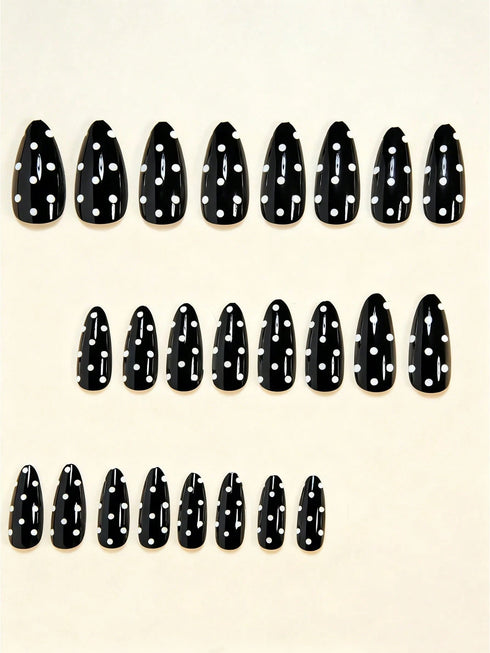 SHEIN 24pcs Almond Shaped Black & White Polka Dot Pattern Nail Stickers, Elegant Daily Fashion, Black Base With White Dots, Full Coverage Fake Nails, Includes 1 Sheet Of Adhesive And 1 Mini Nail File, Random Delivery