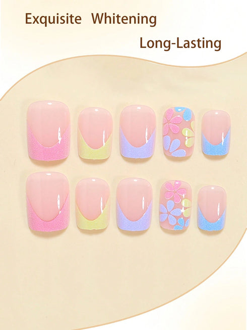 SHEIN 24pcs Disposable Rectangular Fake Nails, Cute Blue Pink Yellow French Style Pink Flower Elegant Pink Blue Yellow Orange Flower