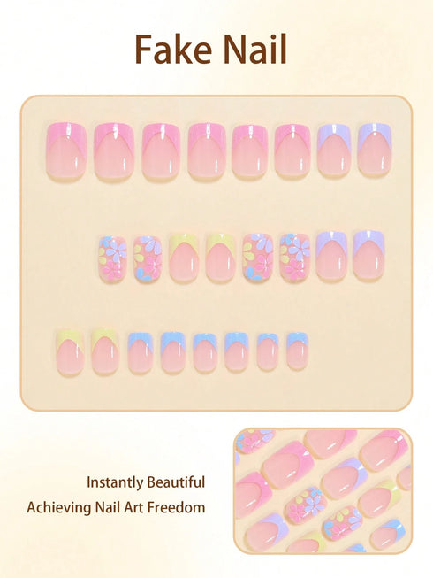 SHEIN 24pcs Disposable Rectangular Fake Nails, Cute Blue Pink Yellow French Style Pink Flower Elegant Pink Blue Yellow Orange Flower