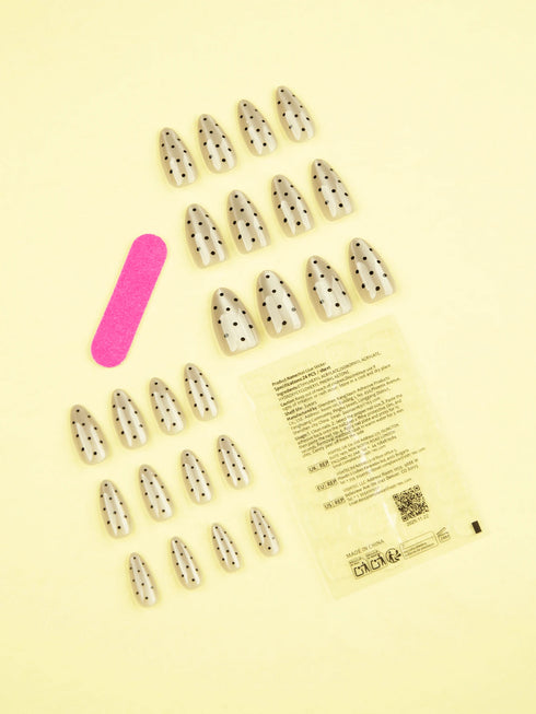 SHEIN 24pcs French Style Wearable Nails Black Polka Dot Cat Eye Fake Nails Short Almond Shape Nail Art Sticker Set Includes 1pc Adhesive Backing Sheet And 1pc Nail File Suitable For Daily Wear
