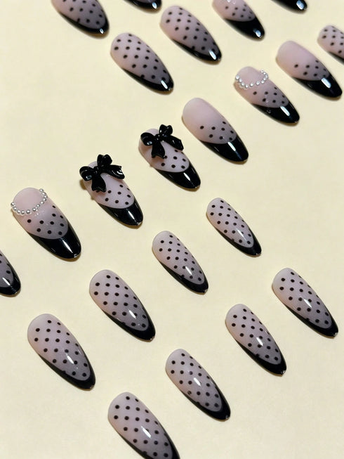 SHEIN 24pcs Medium Almond-Shaped Nail Stickers, Black French Polka Dot Pattern Decorated With Bow And Pearl, Elegant And Unique