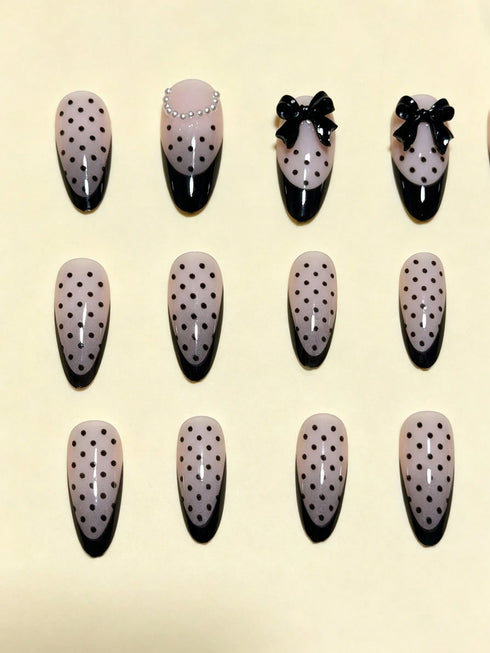SHEIN 24pcs Medium Almond-Shaped Nail Stickers, Black French Polka Dot Pattern Decorated With Bow And Pearl, Elegant And Unique
