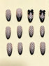 SHEIN 24pcs Medium Almond-Shaped Nail Stickers, Black French Polka Dot Pattern Decorated With Bow And Pearl, Elegant And Unique