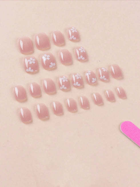 SHEIN 24pcs Short Oval Adhesive Nail Art Stickers, Floral Print & Rhinestone Decor, Countryside Style, Includes 7pcs False Nails