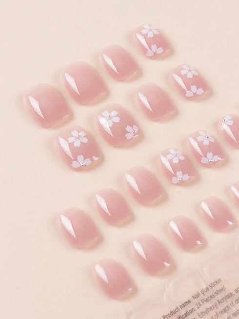 SHEIN 24pcs Short Oval Adhesive Nail Art Stickers, Floral Print & Rhinestone Decor, Countryside Style, Includes 7pcs False Nails