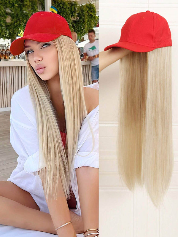 26inch Wigs With Hat Blonde Long Straight Wig Hair Extensions Cap Wigs