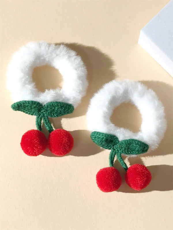 SHEIN 2pcs Lovely Cherry Plush Hair Scrunchies
