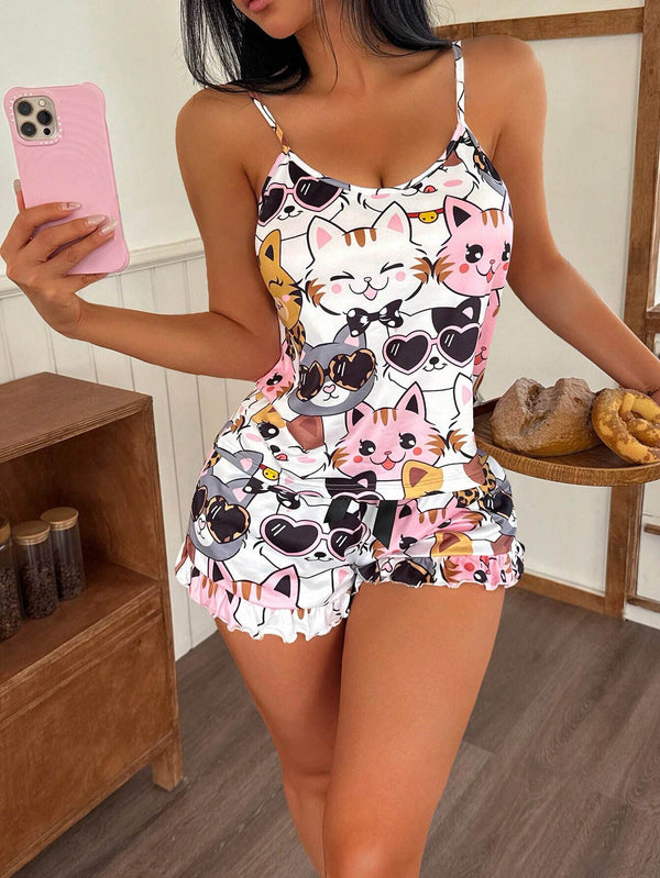SHEIN 2pcs Women Cartoon Cat Print Pajama Set