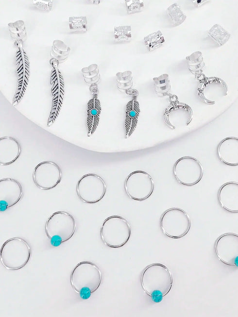 SHEIN 31 Pcs Turquoise Pendant Dreadlock Braid Hair Beads Braids Hair Rings