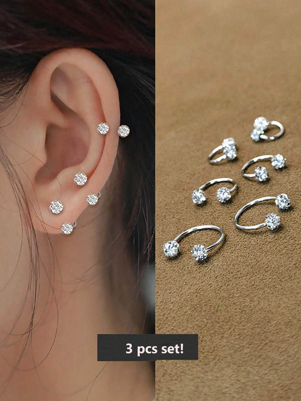 SHEIN 3pcs Sparkling Soft Ceramic Horseshoe Ball Hoop Earrings