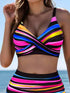 SHEIN 3pcs Striped Bikini Set: Criss-Cross Strap Top, High-Waisted Bottoms, And Swim Skirt. Neon Striped Padded Swimwear, Suitable For Summer Beach