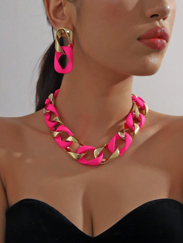 SHEIN Resin Eight-character Twist Link Chain Fashionable Lady's Necklace, Earrings