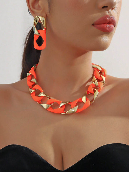 SHEIN Resin Eight-character Twist Link Chain Fashionable Lady's Necklace, Earrings