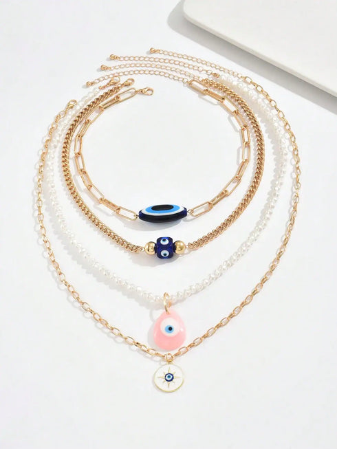 SHEIN 4pcs/Set Boho Style Luxury Multi-Layer Pearl Demon Eye Pendant Necklace Set