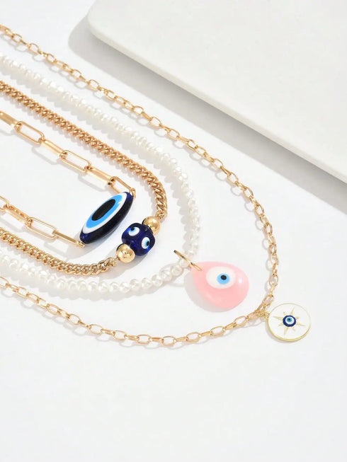 SHEIN 4pcs/Set Boho Style Luxury Multi-Layer Pearl Demon Eye Pendant Necklace Set
