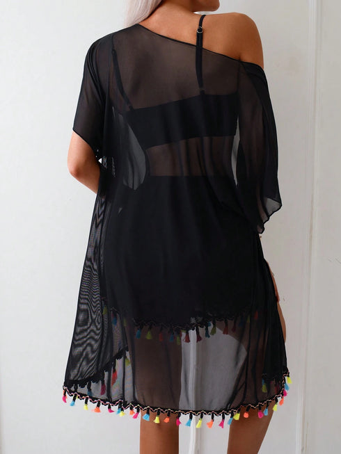 SHEIN 4pcs/Set Tassel Cover Up, Beach Shorts Bikini Set Summer