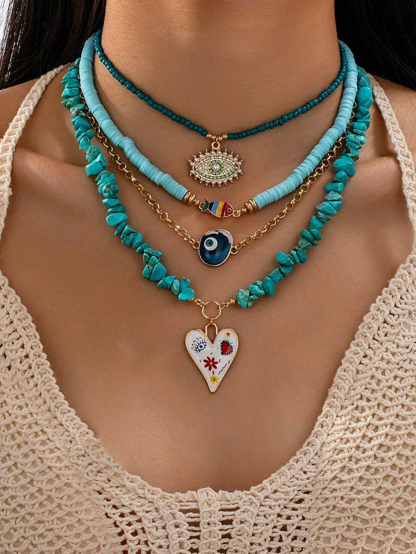 SHEIN 4pcs/Set Turquoise Ceramic Bead Choker Necklace