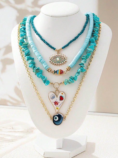 SHEIN 4pcs/Set Turquoise Ceramic Bead Choker Necklace