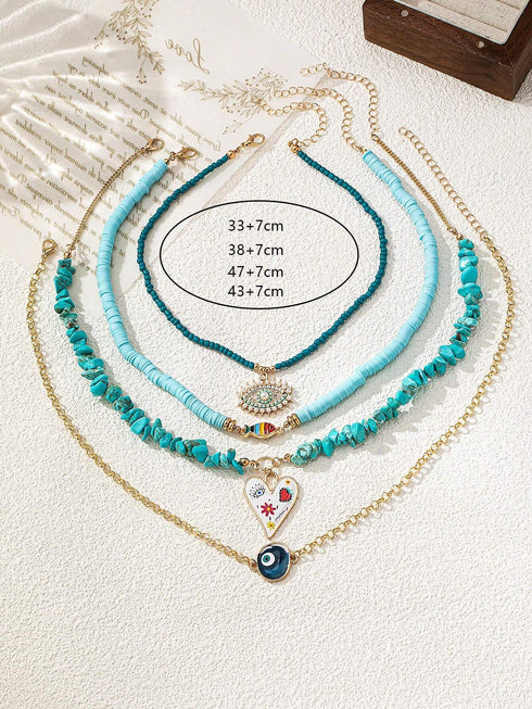 SHEIN 4pcs/Set Turquoise Ceramic Bead Choker Necklace