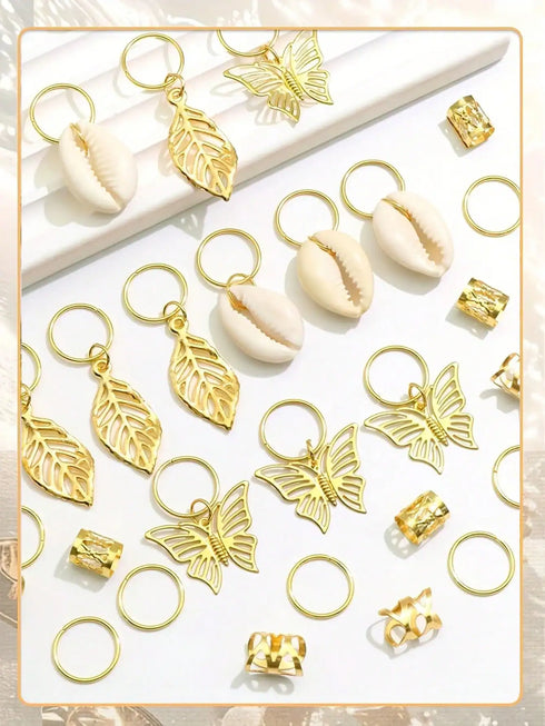 SHEIN 50PCS Butterfly Hair Jewelry Gold Dreadlock Cuffs For Dreadlocks, Shell Loc Jewelry