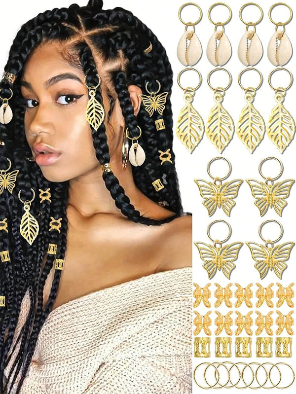 50PCS Butterfly Hair Jewelry Gold Dreadlock Cuffs For Dreadlocks, Shell Loc Jewelry