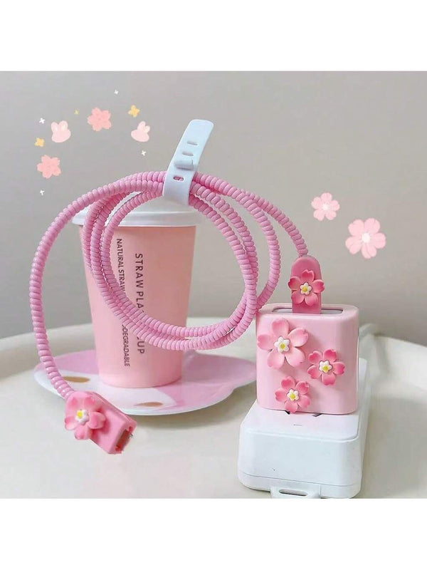 SHEIN Pink Sakura Flower Charging Cable Protector Holder Cover