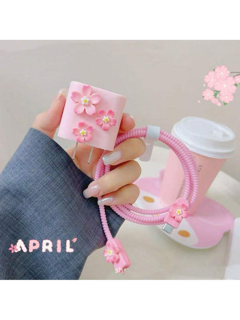 SHEIN Pink Sakura Flower Charging Cable Protector Holder Cover