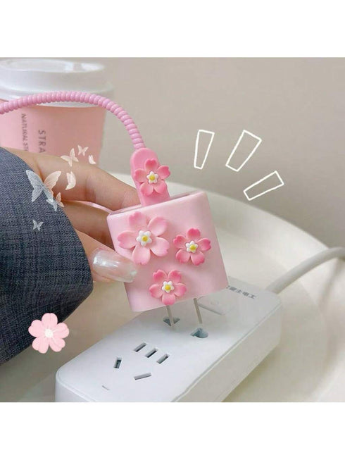 SHEIN Pink Sakura Flower Charging Cable Protector Holder Cover