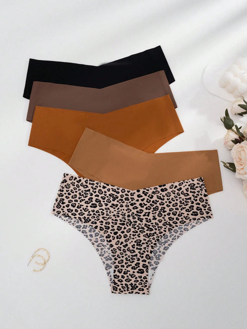 SHEIN 5pcs Women's Leopard Print Seamless Panties, Comfortable Skin-Friendly Sexy Low Rise Hipster Briefs