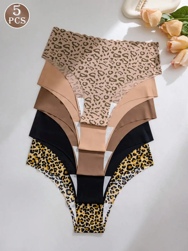 SHEIN 5pcs Women's Sexy Leopard Print Seamless Breathable Sports Bikini Panties