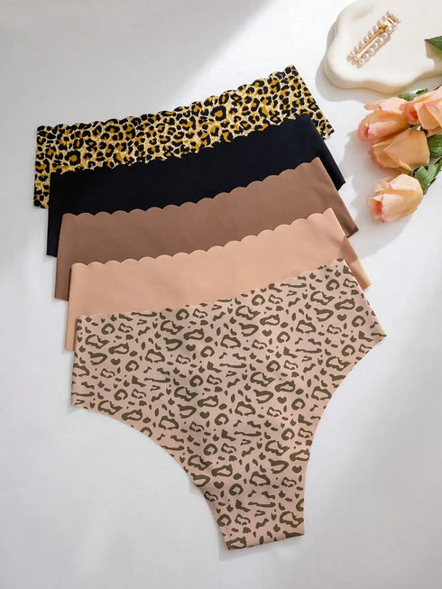 SHEIN 5pcs Women's Sexy Leopard Print Seamless Breathable Sports Bikini Panties