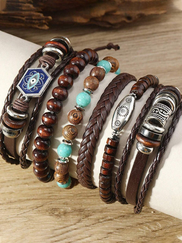 SHEIN 6pcs Vintage Bohemian Style Eye Hexagon Multi-Layer Leather Braided Bracelet Set