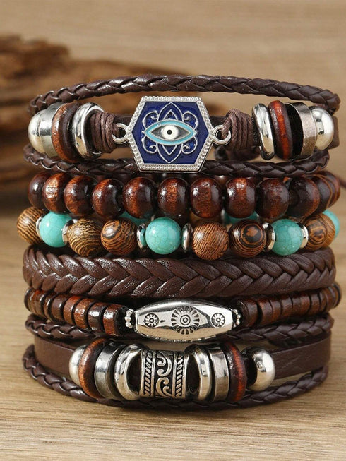 SHEIN 6pcs Vintage Bohemian Style Eye Hexagon Multi-Layer Leather Braided Bracelet Set