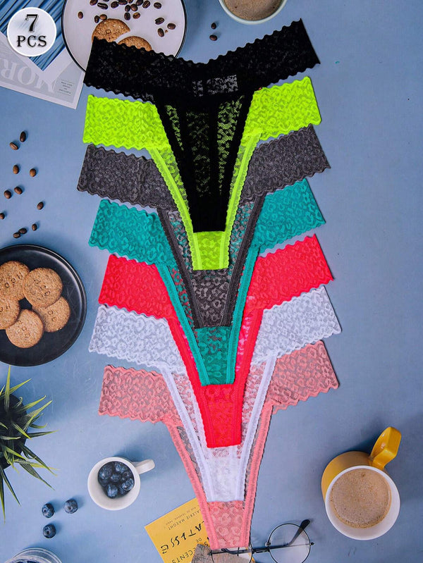 SHEIN 7pcs/Set Women Leopard Print Low Waist Lace Thong Panties, Sexy