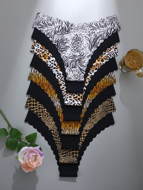 SHEIN 8pcs/Set Women's Seamless Leopard Print & Solid Color Wavy Trim Comfortable Smooth Fabric Triangle Panties